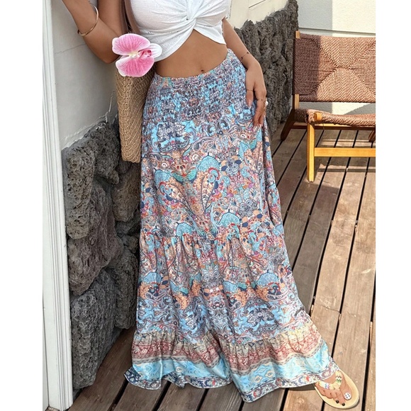 Boho Paisley Print Stretchy High Waisted Ruffle Hem Maxi Skirt - Picture 6 of 6